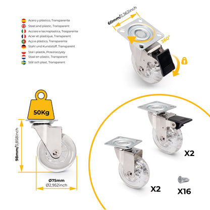 Emuca Lotto di 4 ruote Slip trasparenti con piastra di montaggio, diametro 75 mm, Acciaio e Tecnoplastica