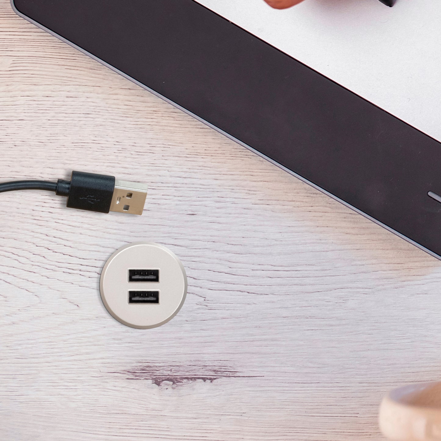 Emuca Kit di connettori di ricarica USB Plugy, include convertitore e 2 USB tipo A, diametro 25 mm, Tecnoplastica, Grigio metallizzata
