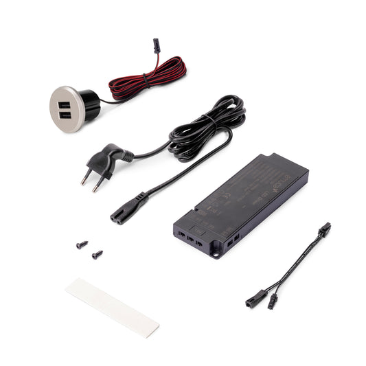 Emuca Kit di connettori di ricarica USB Plugy, include convertitore e 2 USB tipo A, diametro 25 mm, Tecnoplastica, Grigio metallizzata