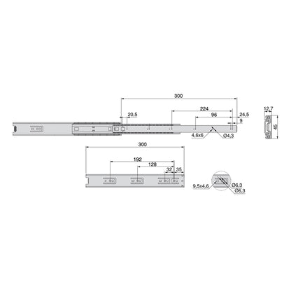 Emuca Set di guide a sfera per cassetti a estrazione totale, altezza 45 mm, lunghezza 300 mm, Acciaio, Zincato bianco