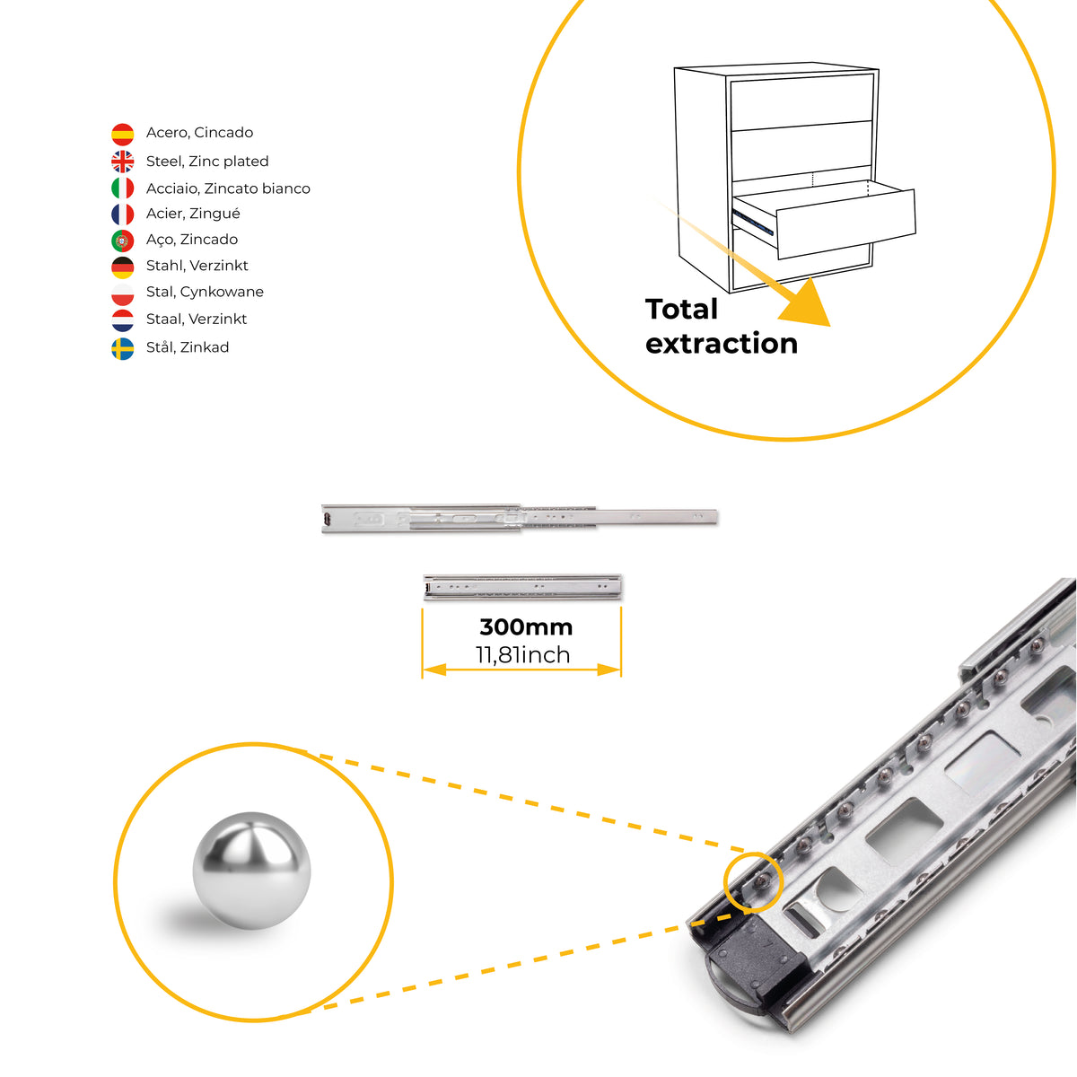 Guide a sfera per cassetti ad estrazione totale, altezza 45 mm