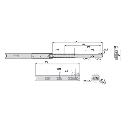 Emuca Set di guide a sfera per cassetti a estrazione totale, altezza 45 mm, lunghezza 350 mm, Acciaio, Zincato bianco
