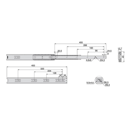Emuca Set di guide a sfera per cassetti a estrazione totale, altezza 45 mm, lunghezza 400 mm, Acciaio, Zincato bianco