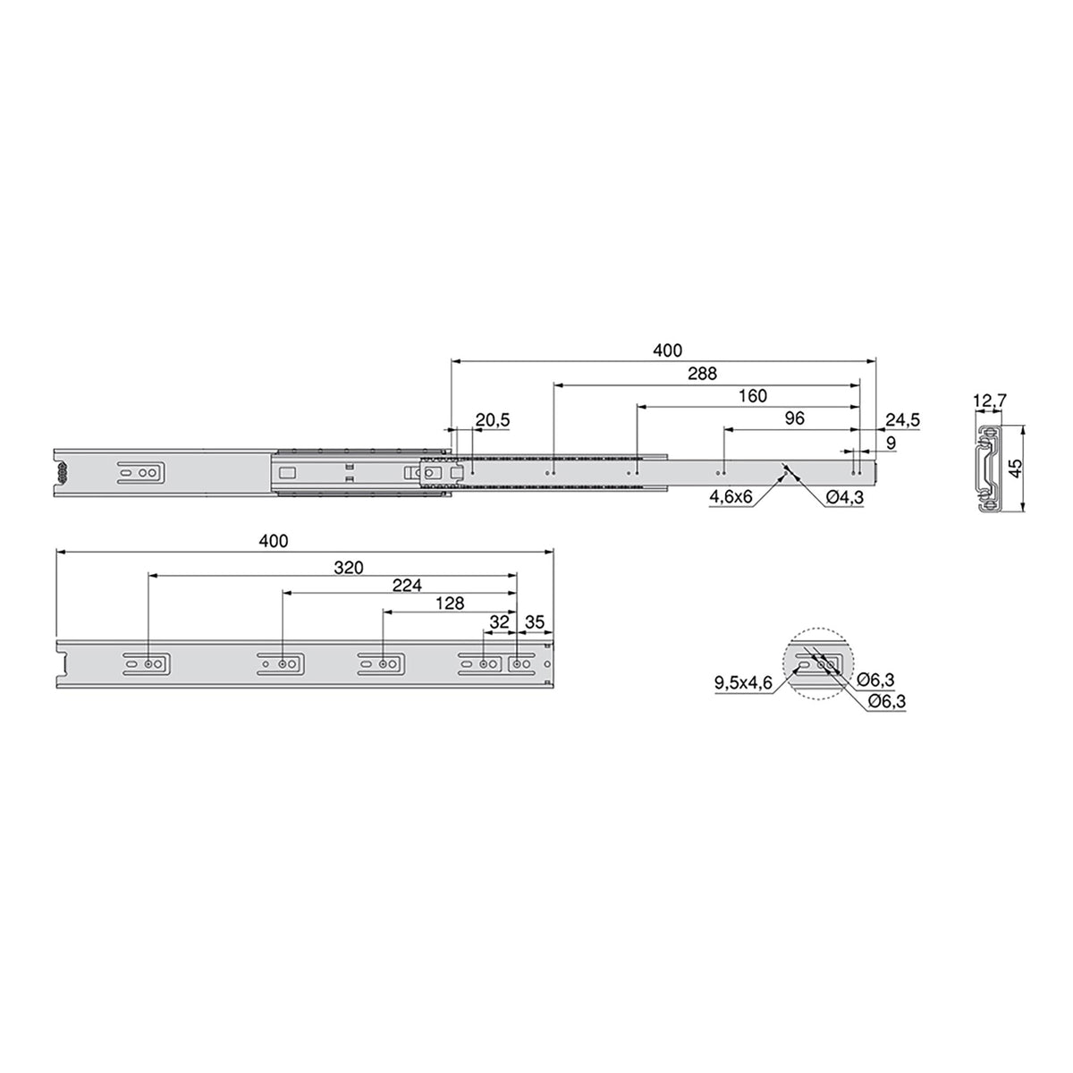 Guide a sfera per cassetti ad estrazione totale, altezza 45 mm