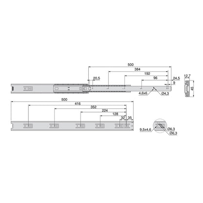 Emuca Set di guide a sfera per cassetti a estrazione totale, altezza 45 mm, lunghezza 500 mm, Acciaio, Zincato bianco