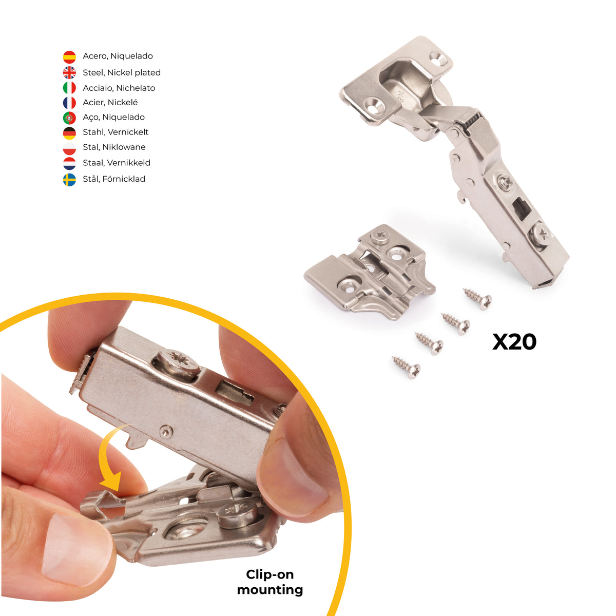 Kit cerniera mezzo collo X91 con chiusura ammortizzata, basette per vite