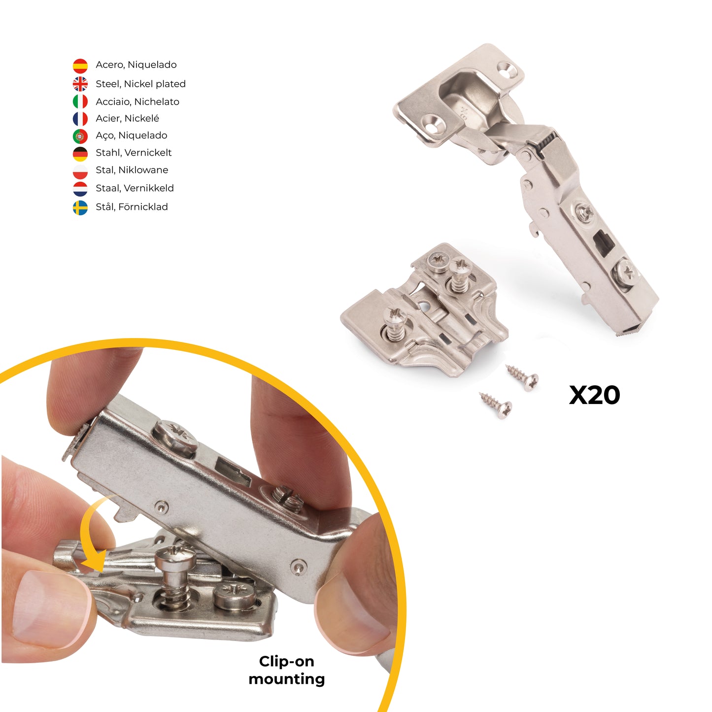 Emuca Lotto di 20 cerniere mezzo collo X91 con chiusura soft e Basetta Euro, altezza 0, Acciaio, Nichelato