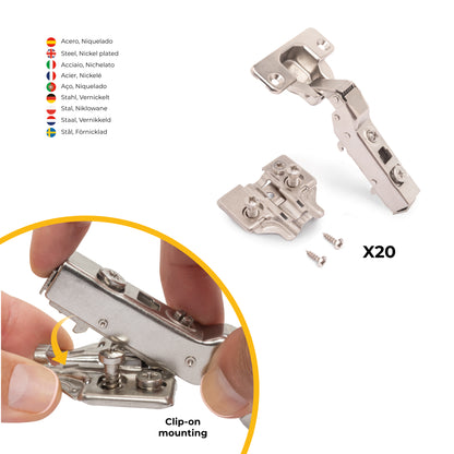 Emuca Lotto di 20 cerniere mezzo collo X91 con chiusura soft e Basetta Euro, altezza 0, Acciaio, Nichelato