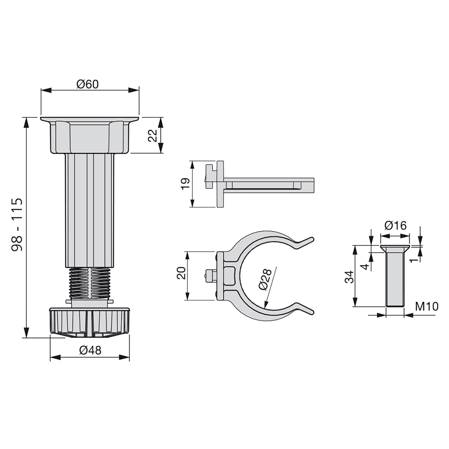 Emuca Lotto di 10 kit di piedini regolabili per mobile Bone, con base preassemblata, altezza 100 mm, regolabile 98-115 mm, Tecnoplastica, Nera