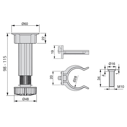 Emuca Lotto di 10 kit di piedini regolabili per mobile Bone, con base preassemblata, altezza 100 mm, regolabile 98-115 mm, Tecnoplastica, Nera