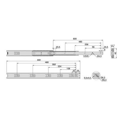 Emuca Set di guide a sfera per cassetti a estrazione totale, altezza 45 mm, lunghezza 600 mm, Acciaio, Zincato bianco