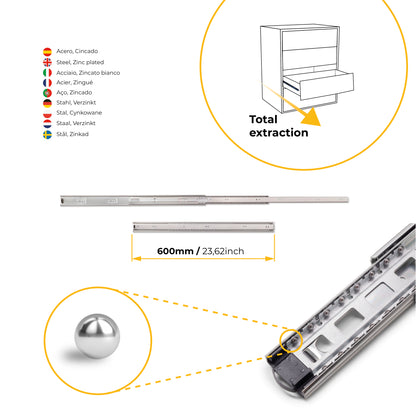 Guide a sfera per cassetti ad estrazione totale, altezza 45 mm
