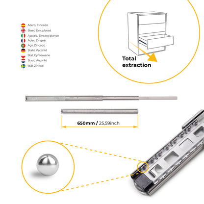 Guide a sfera per cassetti ad estrazione totale, altezza 45 mm