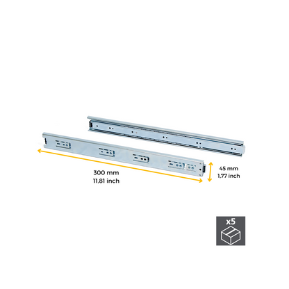 Emuca Lotto di 5 set guide per cassetti, a sfera, altezza 45 mm, profondità 300 mm, estrazione totale, zincate