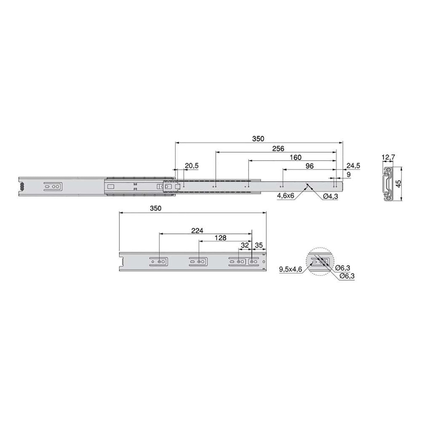 Emuca Lotto di 5 set guide per cassetti, a sfera, altezza 45 mm, profondità 350 mm, estrazione totale, zincate