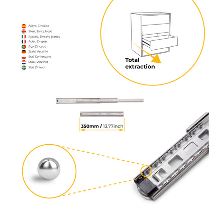 Guide a sfera per cassetti ad estrazione totale, altezza 45 mm