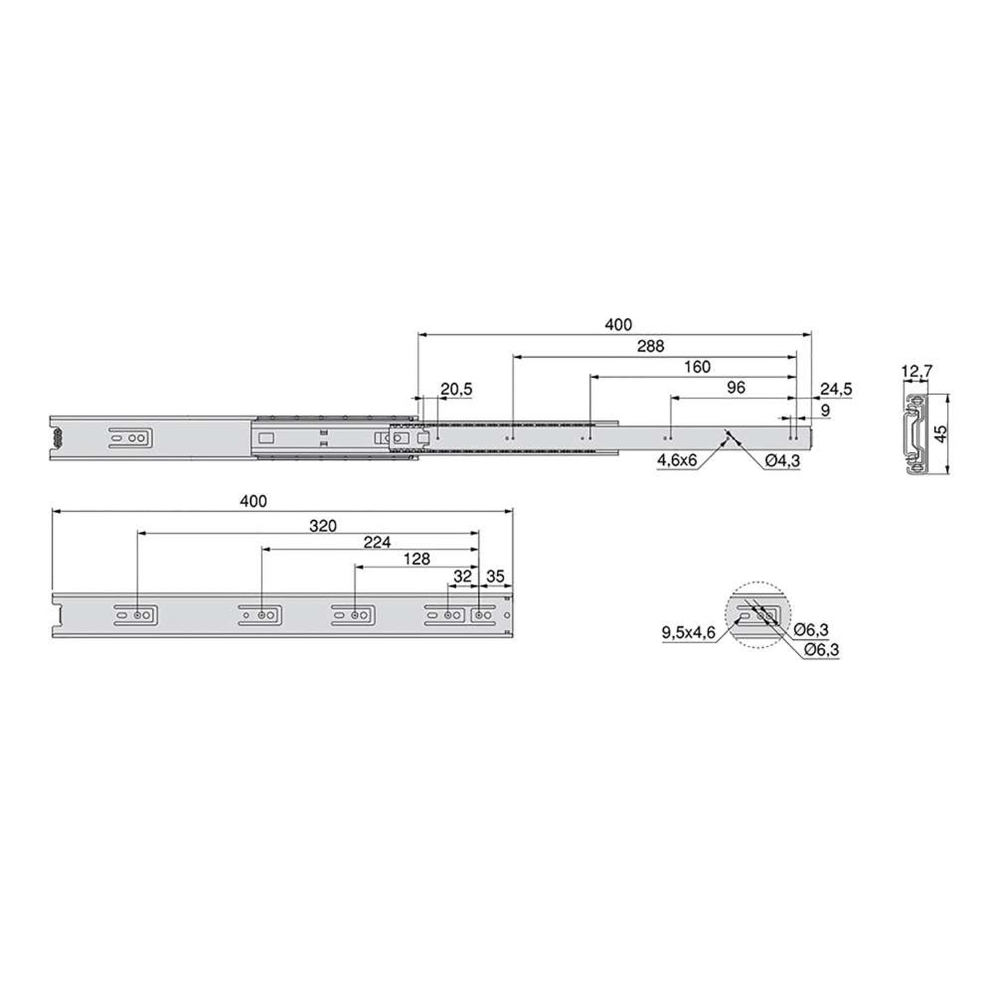 Emuca Lotto di 5 set guide per cassetti, a sfera, altezza 45 mm, profondità 400 mm, estrazione totale, Zincato bianco