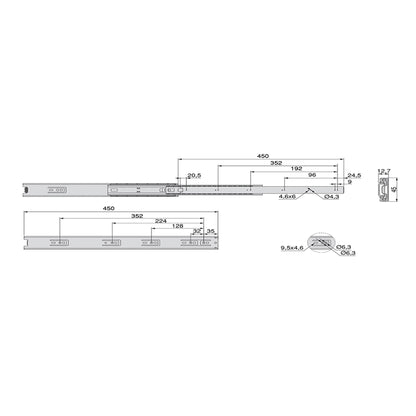 Emuca Lotto di 5 set guide per cassetti, a sfera, altezza 45 mm, profondità 450 mm, estrazione totale, Nera