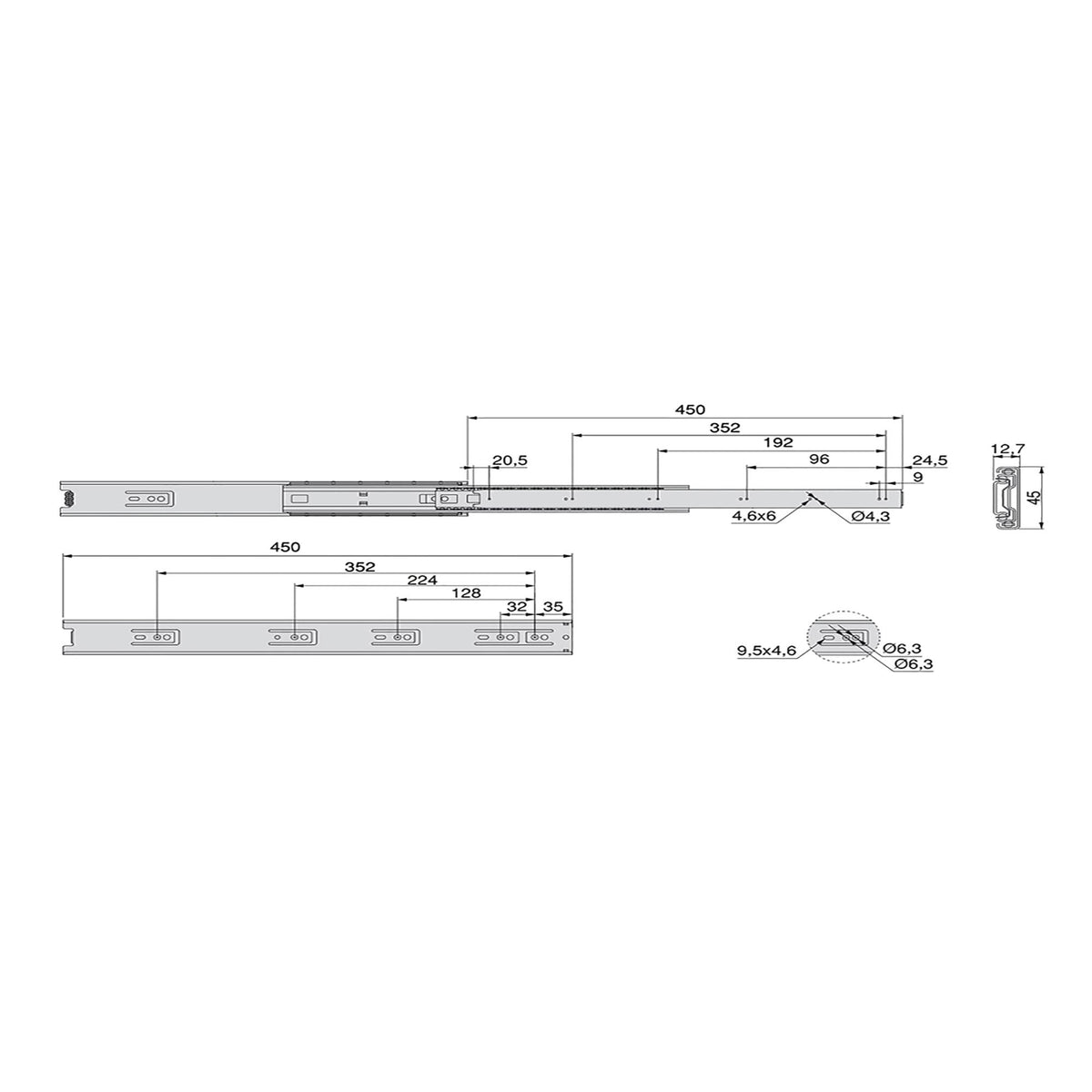 Guide a sfera per cassetti ad estrazione totale, altezza 45 mm
