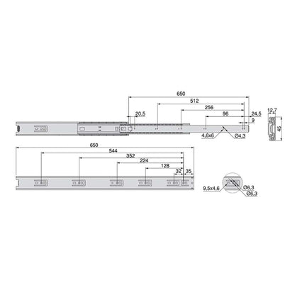Emuca Lotto di 5 set guide per cassetti, a sfera, altezza 45 mm, profondità 650 mm, estrazione totale, zincate