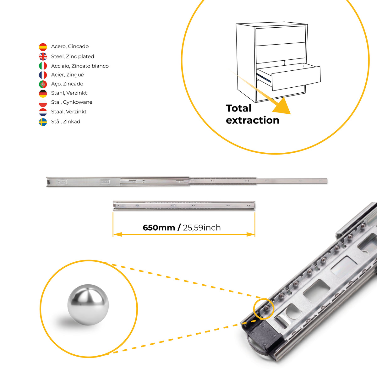 Guide a sfera per cassetti ad estrazione totale, altezza 45 mm