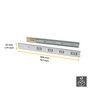 Emuca Lotto di 5 set guide per cassetti, a sfera, altezza 45 mm, profondità 500 mm, estrazione totale, chiusura soft, Zincato bianco