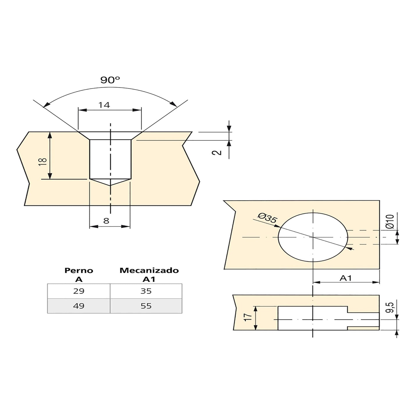 Emuca Lotto di 10 eccentrici diametro 35 mm con perno, bussola M8 e copertura in Tecnoplastica Bianca, per pannelli da 20 mm, Zama e Acciaio