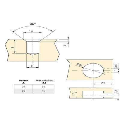 Emuca Lotto di 10 eccentrici diametro 35 mm con perno, bussola M8 e copertura in Tecnoplastica Bianca, per pannelli da 20 mm, Zama e Acciaio