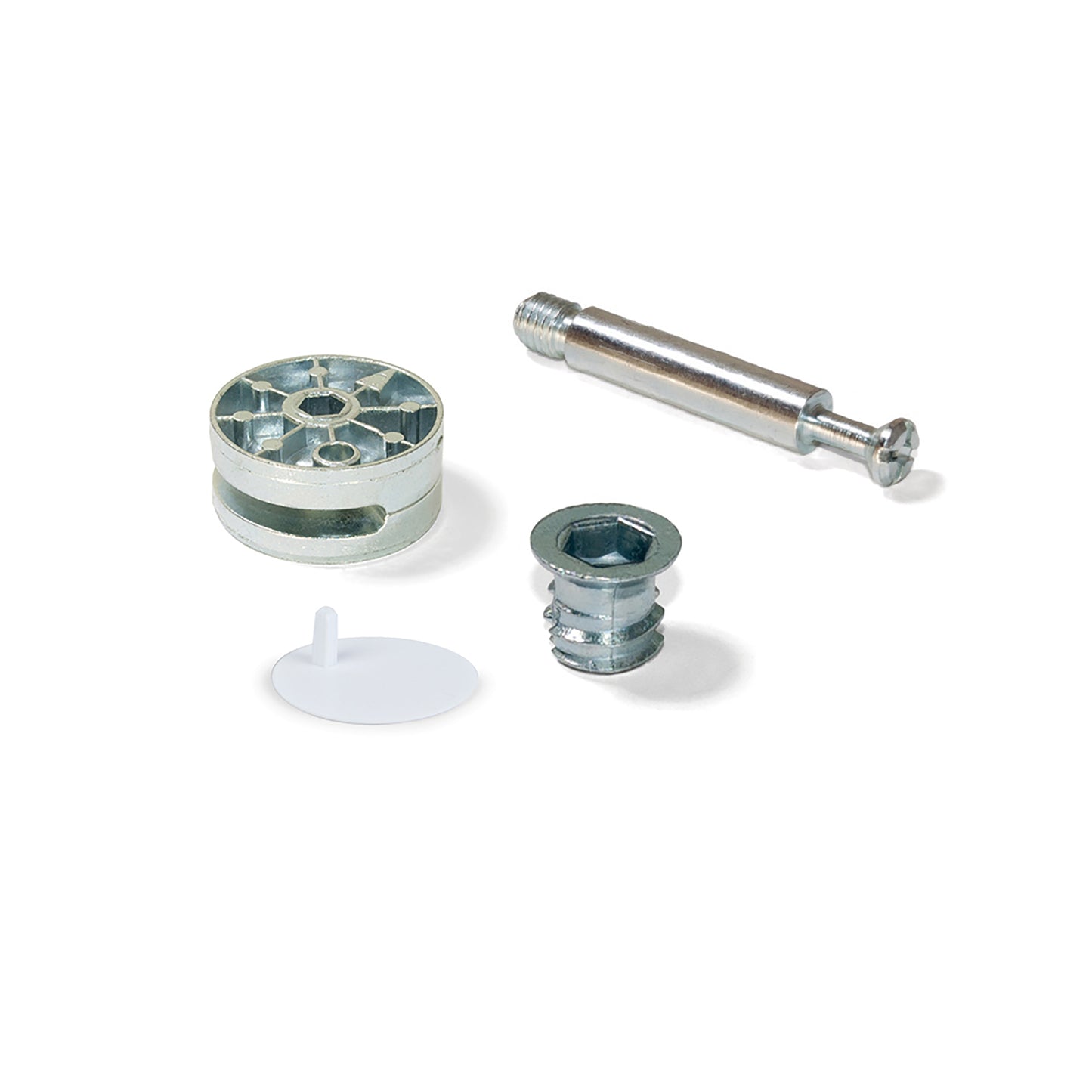 Emuca Lotto di 10 eccentrici diametro 35 mm con perno, bussola M8 e copertura in Tecnoplastica Bianca, per pannelli da 20 mm, Zama e Acciaio
