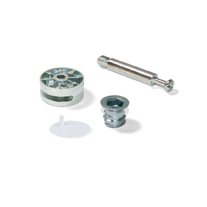 Emuca Lotto di 10 eccentrici diametro 35 mm con perno, bussola M8 e copertura in Tecnoplastica Bianca, per pannelli da 20 mm, Zama e Acciaio