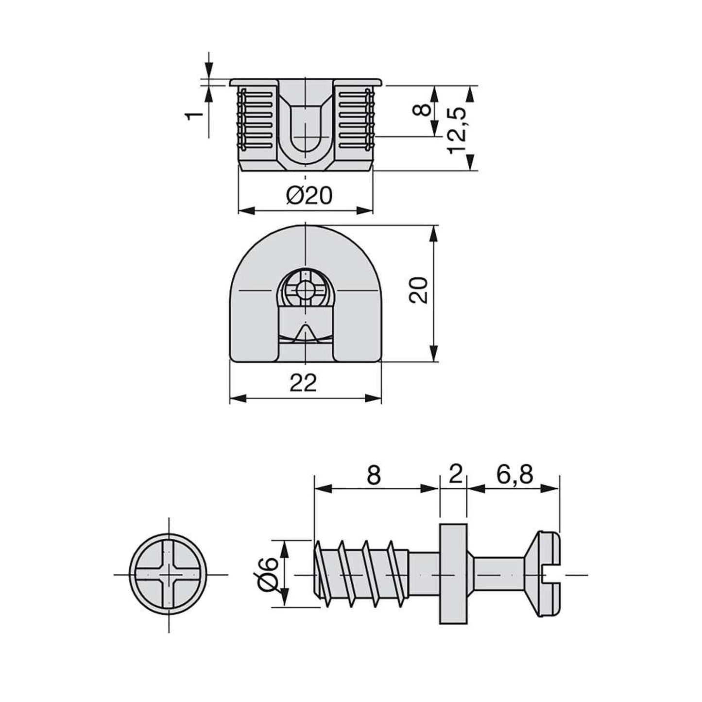 Emuca Lotto di 20 eccentrici e tiranti per il montaggio di scaffali, Eccentrici diametro 20 mm, 12,5 mm, Tiranti diametro 6 mm, 8 mm, Zama e Acciaio, Nichelato