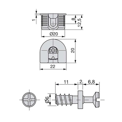 Emuca Lotto di 20 eccentrici e tiranti per il montaggio di scaffali, Eccentrici diametro 20 mm, 12,5 mm, Tiranti diametro 6 mm, 11 mm, Zama e Acciaio, Nichelato