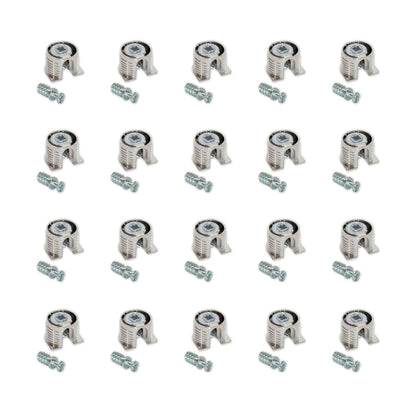 Emuca Lotto di 20 eccentrici e tiranti per il montaggio di scaffali, Eccentrici diametro 20 mm, 12,5 mm, Tiranti diametro 6 mm, 11 mm, Zama e Acciaio, Nichelato