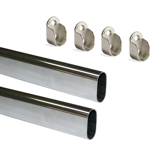 Emuca Lotto di 2 tubi appendiabiti ovali per armadi 30x15mm lunghezza 0,95m con reggitubi , Acciaio e Zama, Cromato lucido