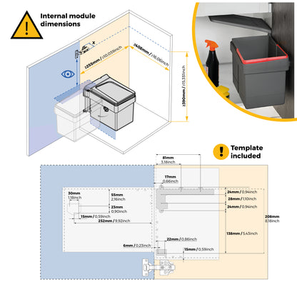 Pattumiera per riciclaggio Recycle per fissaggio sull’anta con un contenitore da 15 Litri