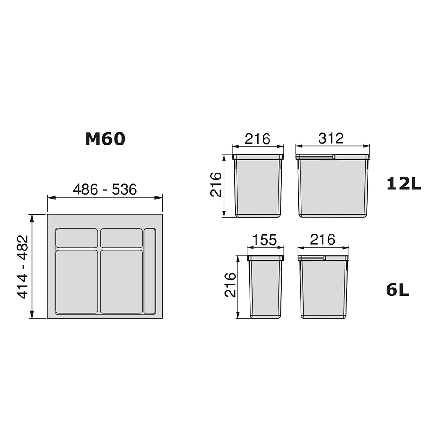 Emuca Kit di contenitori per cassetti da cucina con base Recycle altezza 216 mm, 1x12 lt, 2x6 lt, modulo 600 mm, Grigio antracite, Tecnoplastica