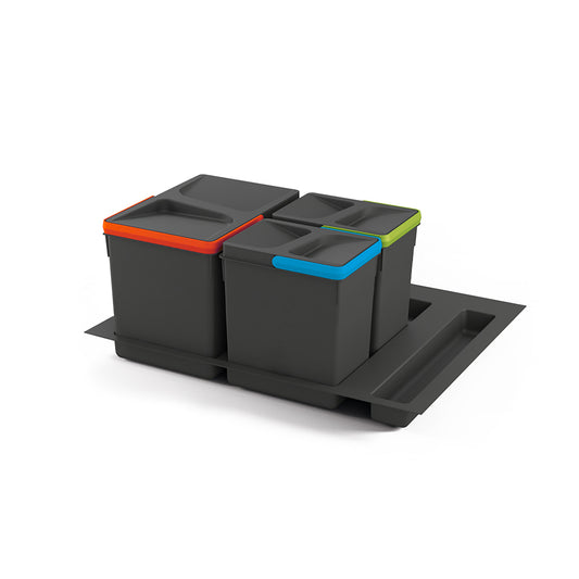 Emuca Kit di contenitori per cassetti da cucina con base Recycle altezza 216 mm, 1x12 lt, 2x6 lt, modulo 600 mm, Grigio antracite, Tecnoplastica