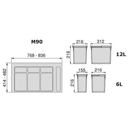 Emuca Kit di contenitori per cassetti da cucina con base Recycle altezza 216 mm, 2x12 lt, 2x6 lt, modulo 900 mm, Grigio antracite, Tecnoplastica