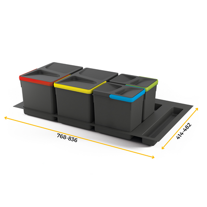 Emuca Kit di contenitori per cassetti da cucina con base Recycle altezza 216 mm, 2x12 lt, 2x6 lt, modulo 900 mm, Grigio antracite, Tecnoplastica