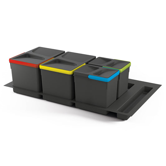 Emuca Kit di contenitori per cassetti da cucina con base Recycle altezza 216 mm, 2x12 lt, 2x6 lt, modulo 900 mm, Grigio antracite, Tecnoplastica