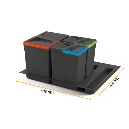 Emuca Kit di contenitori per cassetto da cucina con base Recycle altezza 266 mm, 1x15 lt, 2x7 lt, modulo 600 mm, Grigio antracite, Tecnoplastica