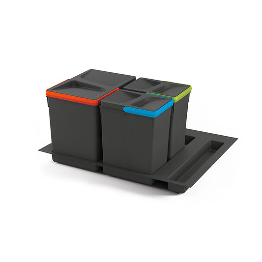 Emuca Kit di contenitori per cassetto da cucina con base Recycle altezza 266 mm, 1x15 lt, 2x7 lt, modulo 600 mm, Grigio antracite, Tecnoplastica