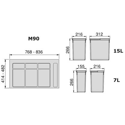 Emuca Kit di contenitori per cassetto da cucina con base Recycle altezza 266 mm, 2x15 lt, 2x7 lt, modulo 900 mm, Grigio antracite in plastica