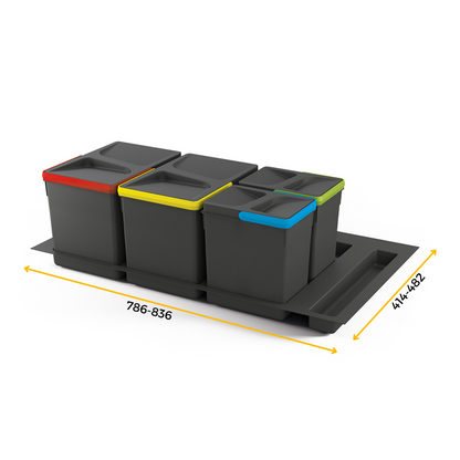 Emuca Kit di contenitori per cassetto da cucina con base Recycle altezza 266 mm, 2x15 lt, 2x7 lt, modulo 900 mm, Grigio antracite in plastica