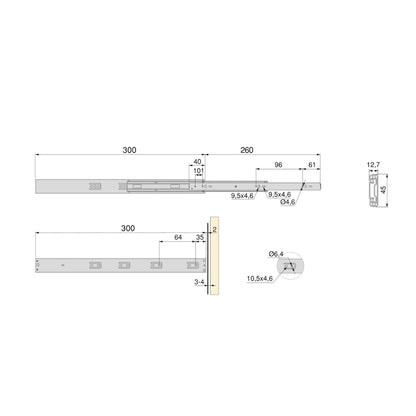 Kit Guide per cassetti, a sfera, estrazione totale, sistema push, chiusura soft, 45 mm.
