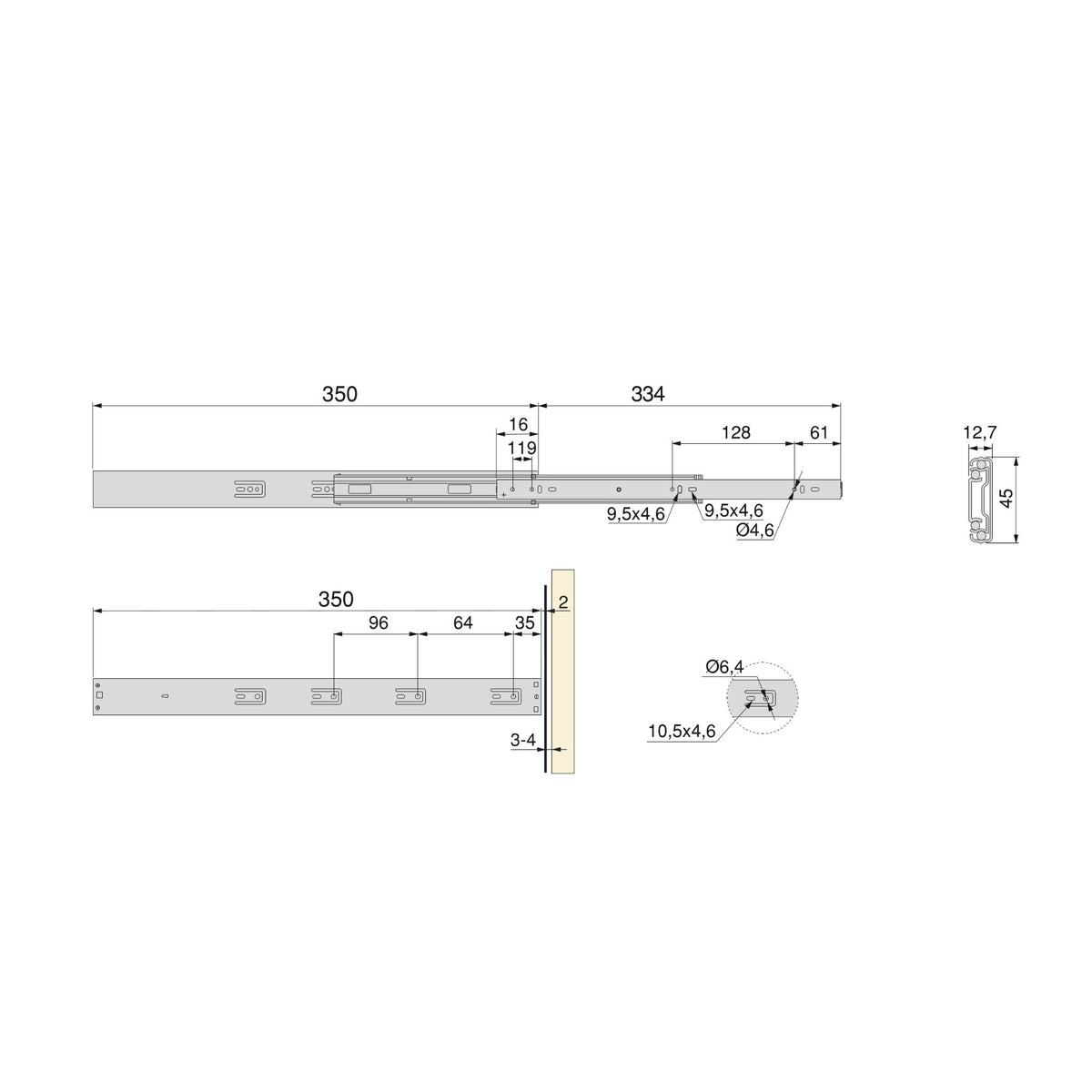 Kit Guide per cassetti, a sfera, estrazione totale, sistema push, chiusura soft, 45 mm.