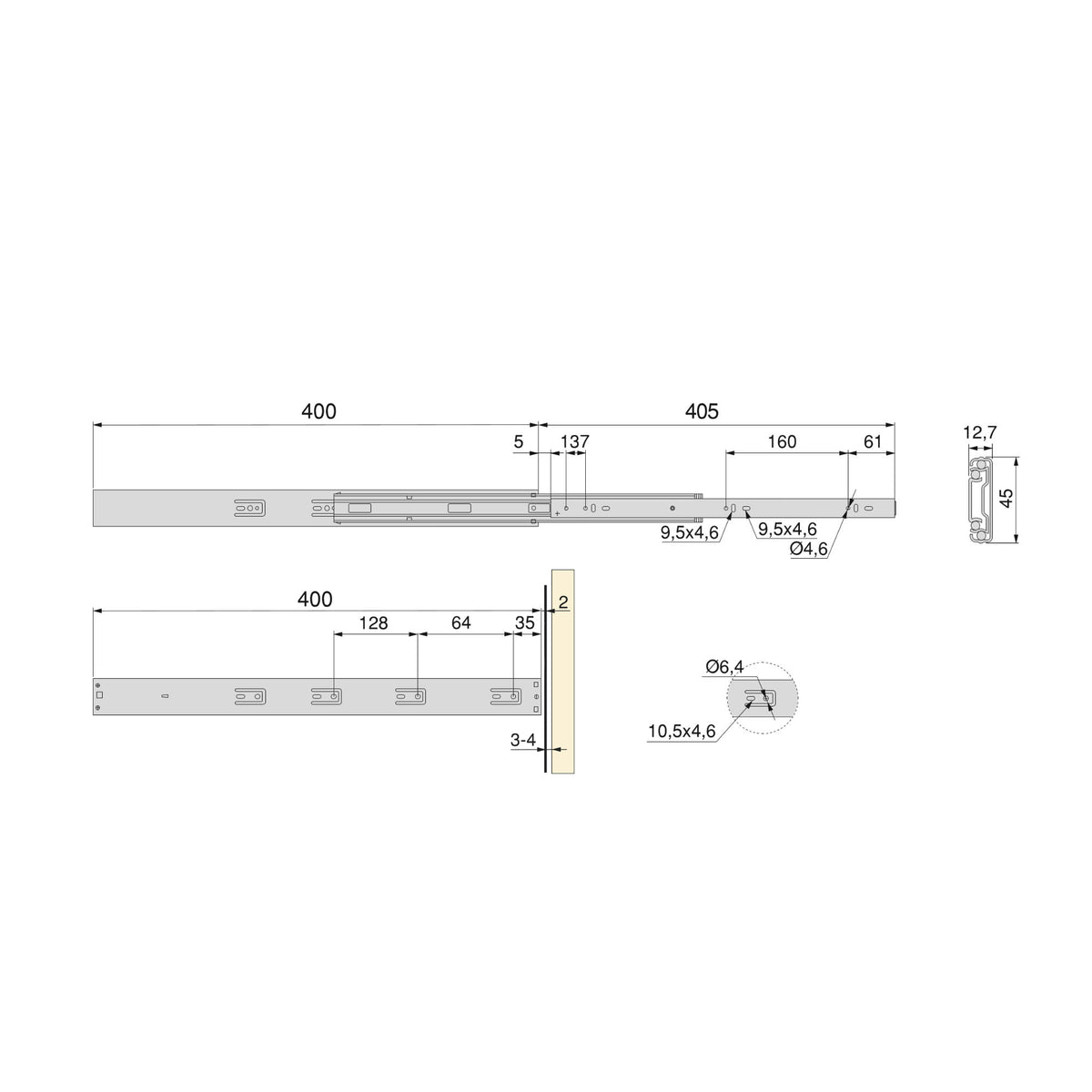 Kit Guide per cassetti, a sfera, estrazione totale, sistema push, chiusura soft, 45 mm.