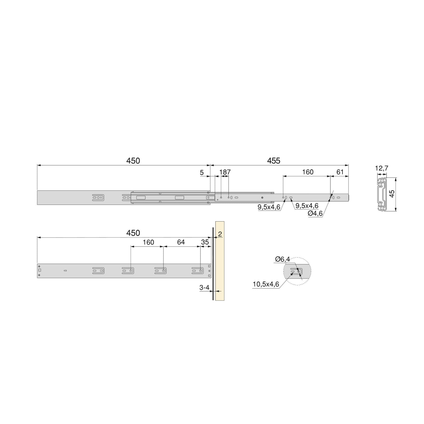 Emuca Lotto di 5 set di guide per cassetti, a sfera, altezza 45 mm, profondità 450 mm, estrazione totale, push, chiusura soft, Zincato bianco