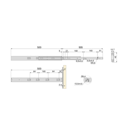 Kit Guide per cassetti, a sfera, estrazione totale, sistema push, chiusura soft, 45 mm.