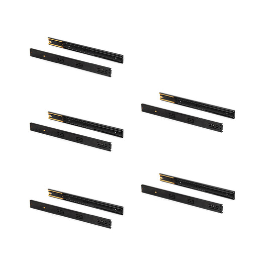 Emuca Lotto di 5 set guide per cassetti, a sfera, altezza 45 mm, profondità 550 mm, estrazione totale, chiusura soft, Nera